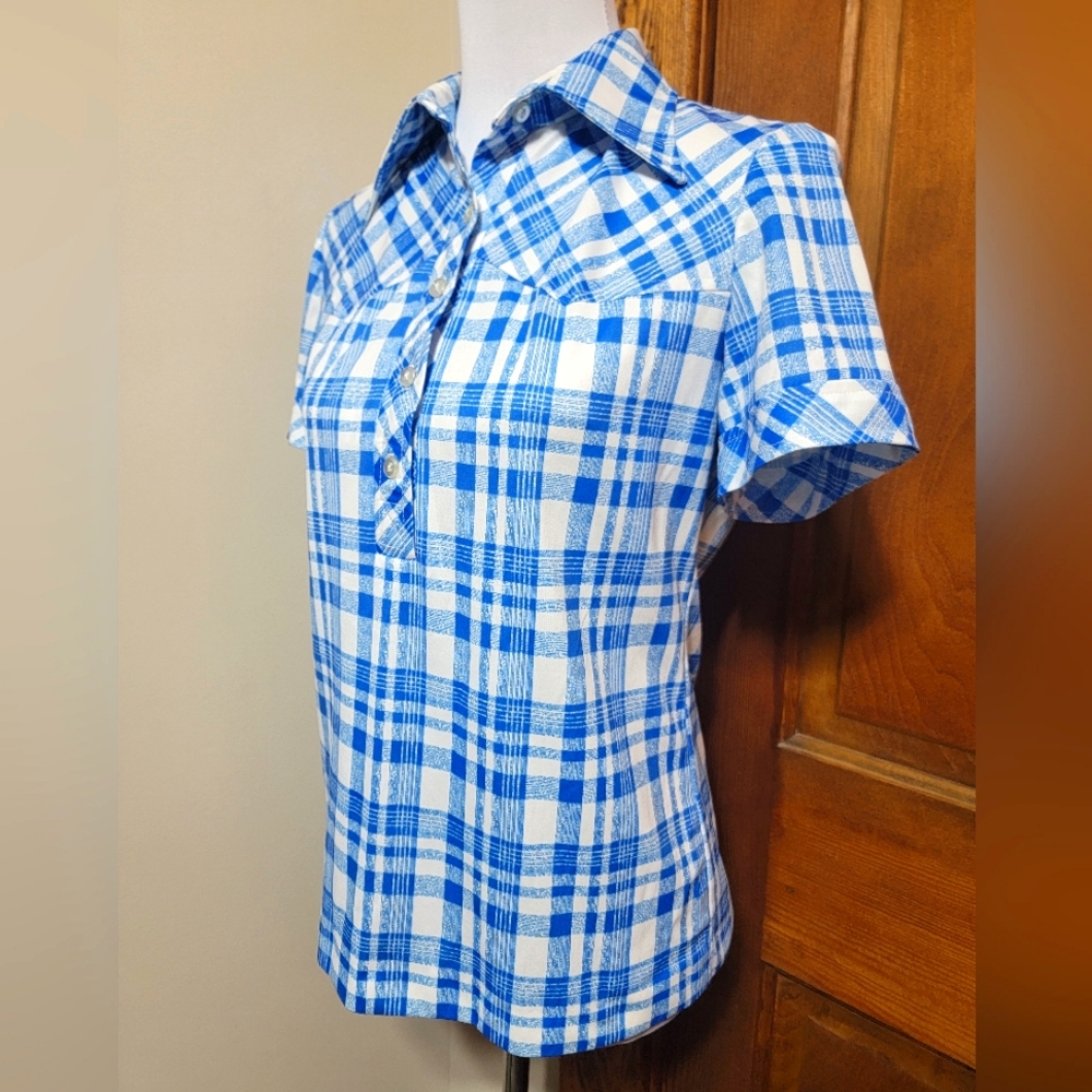 Vintage Alex Colman 60s 70s Blue Houndstooth Western Button Yoke Blouse  L/XL